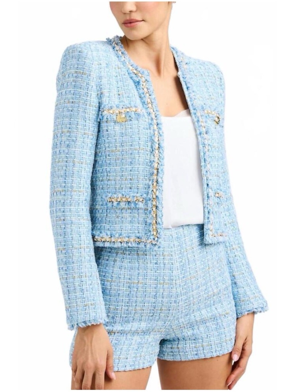 Generation Love Light Blue Tweed Cropped Blazer with Gold Trim